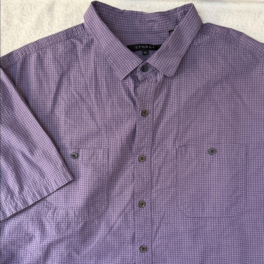 Synrgy Purple Gingham Check Short Sleeve Button Down Shirt Spring Pastel DXL